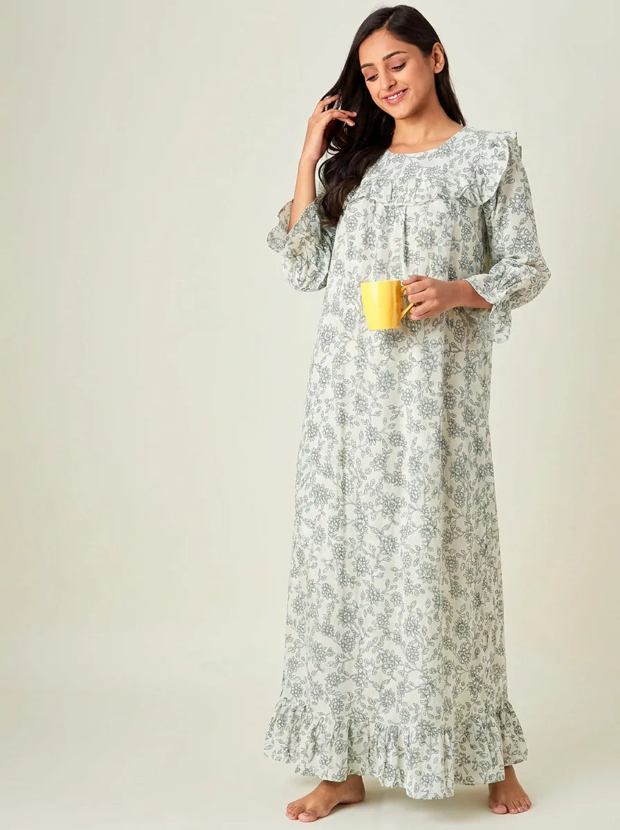 The Kaftan Company Nightdress Ivory and Sage Floral Print Viscose Nightdress with Lace-Trimmed Yoke