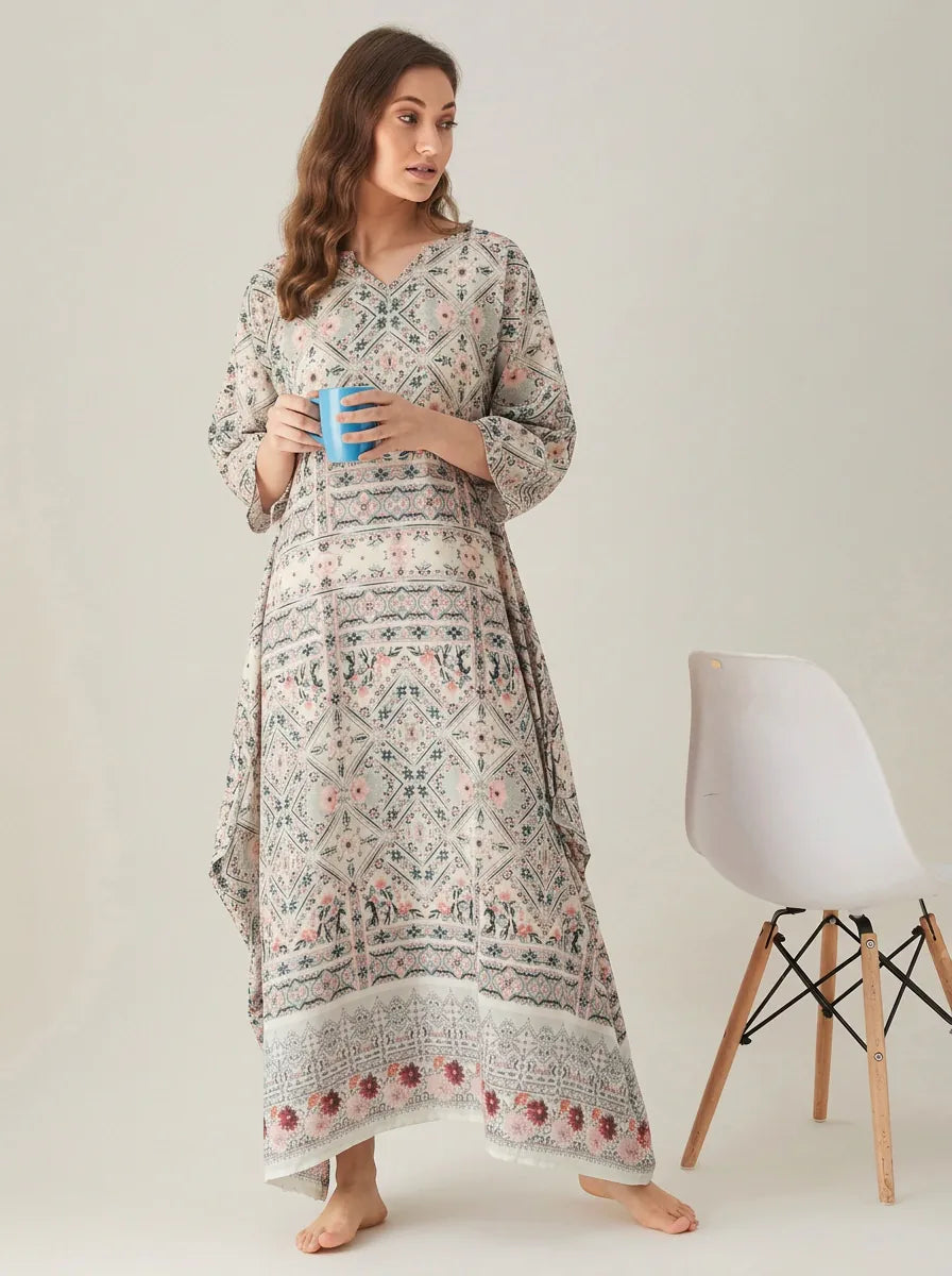 The Kaftan Company Nightdress Ivory Diamond Print Nightdress with Floral Border