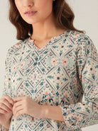 The Kaftan Company Nightdress Ivory Diamond Print Nightdress with Floral Border