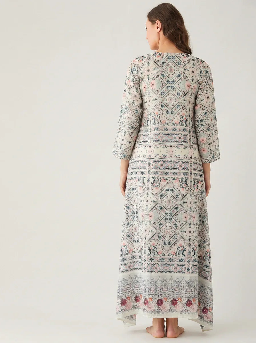 The Kaftan Company Nightdress Ivory Diamond Print Nightdress with Floral Border