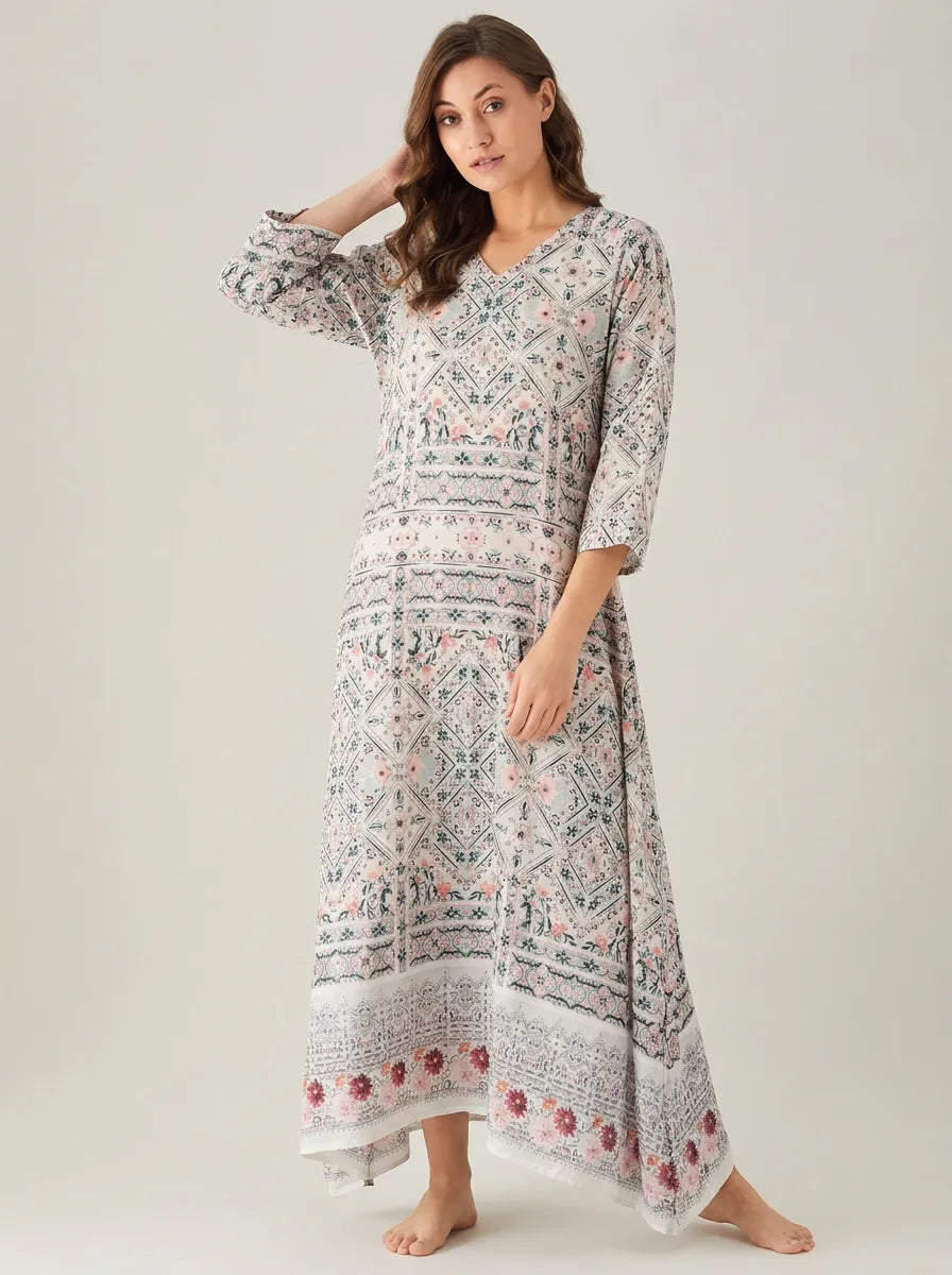 The Kaftan Company Nightdress Ivory Diamond Print Nightdress with Floral Border