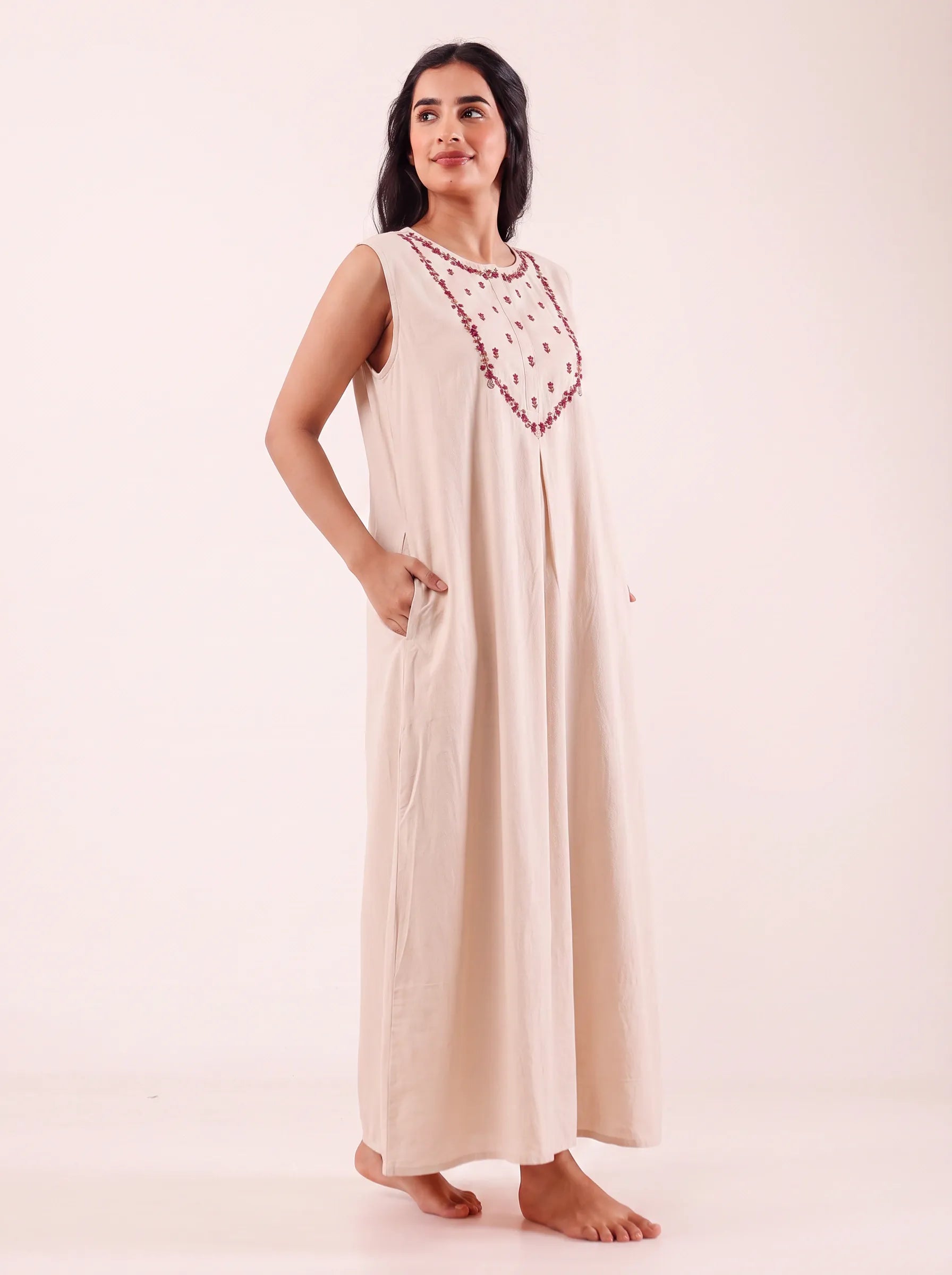 The Kaftan Company Nightdress Ivory Embroidered Nightdress with Snap-Button Closure