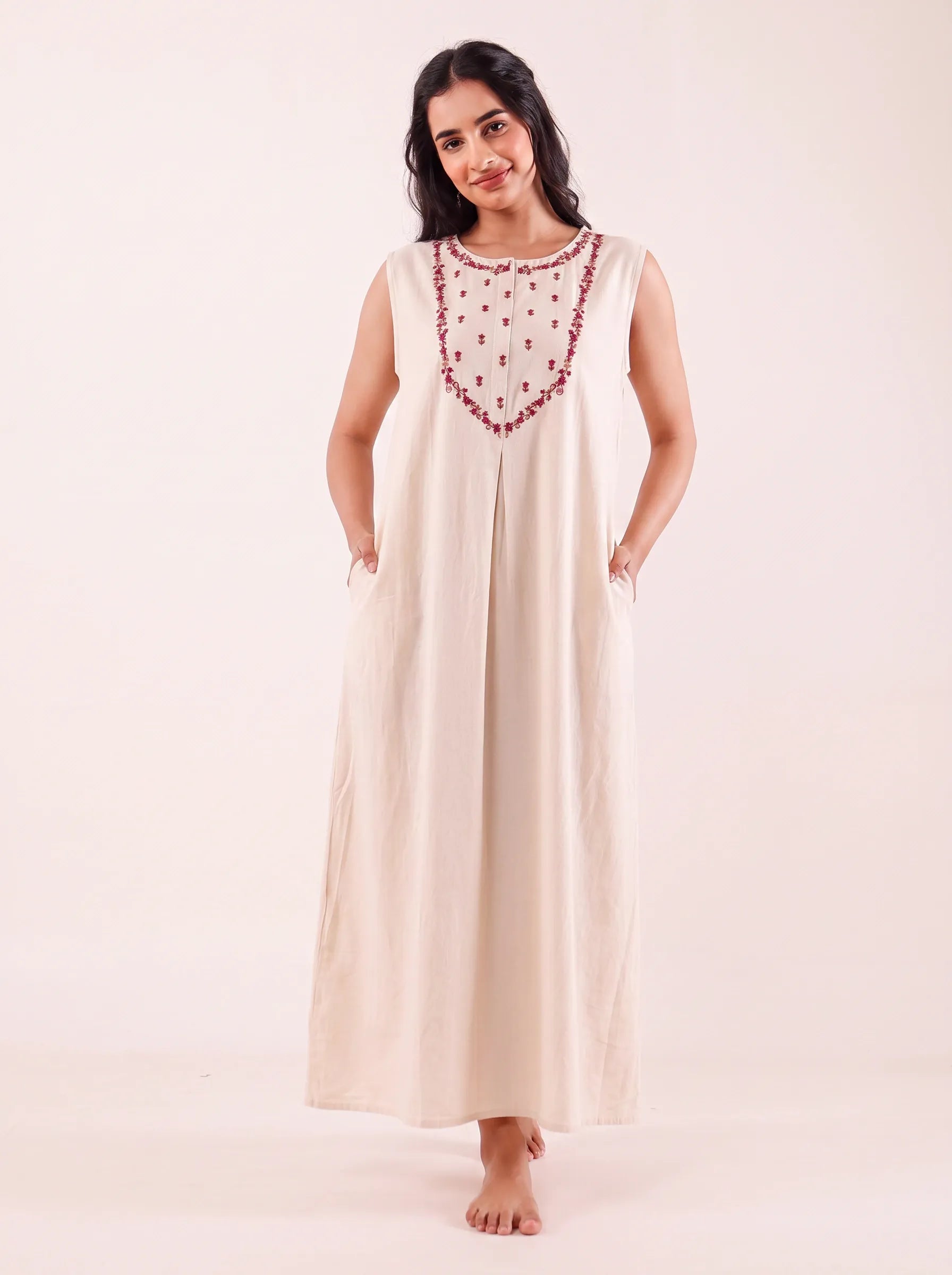 The Kaftan Company Nightdress Ivory Embroidered Nightdress with Snap-Button Closure