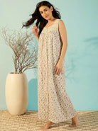 The Kaftan Company Nightdress Ivory Floral Print Cotton Nightdress with Lace Yoke and Button Placket