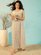 The Kaftan Company Nightdress Ivory Floral Print Cotton Nightdress with Lace Yoke and Button Placket