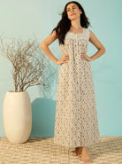 The Kaftan Company Nightdress Ivory Floral Print Cotton Nightdress with Lace Yoke and Button Placket