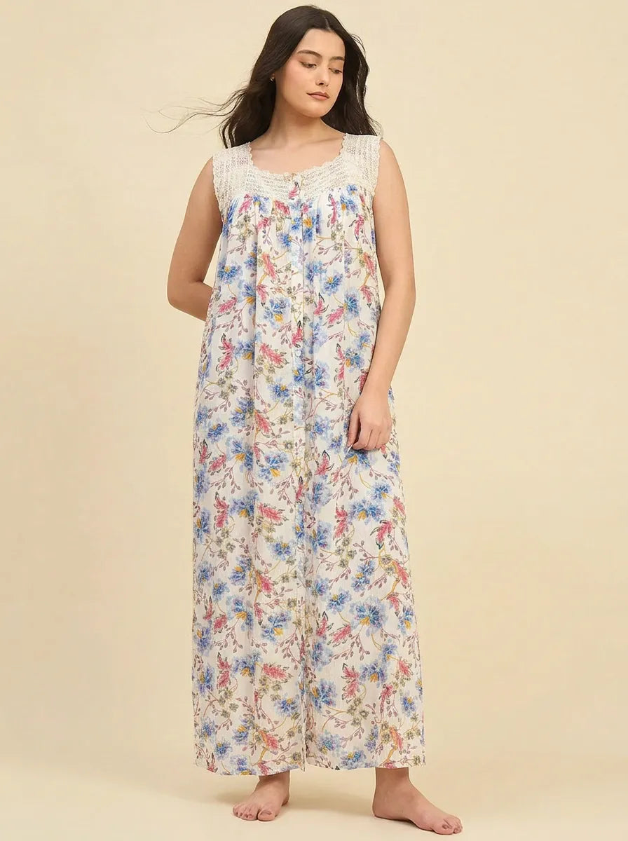 The Kaftan Company Nightdress Ivory Floral Viscose Nightdress with Lace Yoke and Button Placket