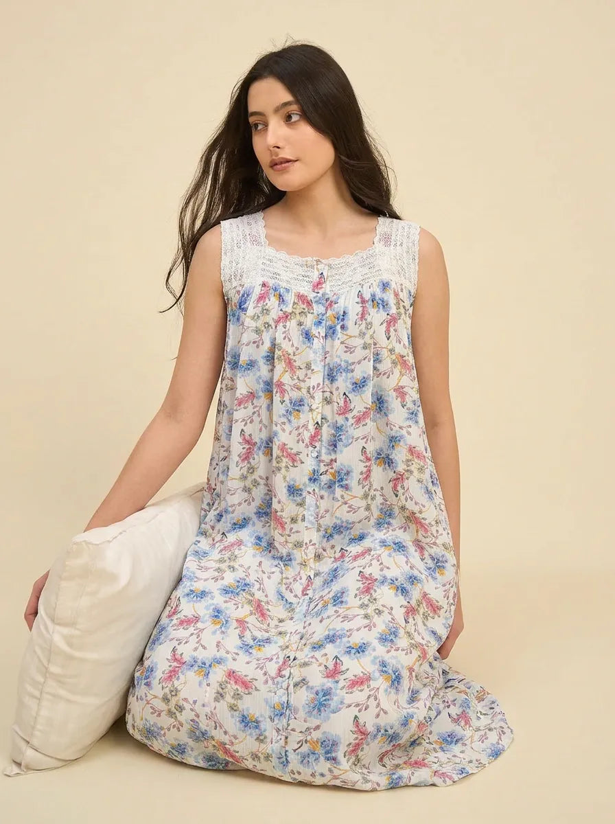 The Kaftan Company Nightdress Ivory Floral Viscose Nightdress with Lace Yoke and Button Placket