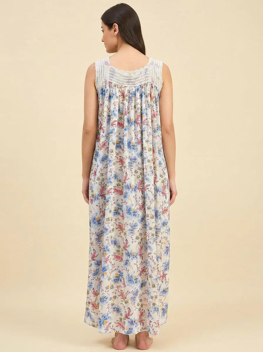 The Kaftan Company Nightdress Ivory Floral Viscose Nightdress with Lace Yoke and Button Placket