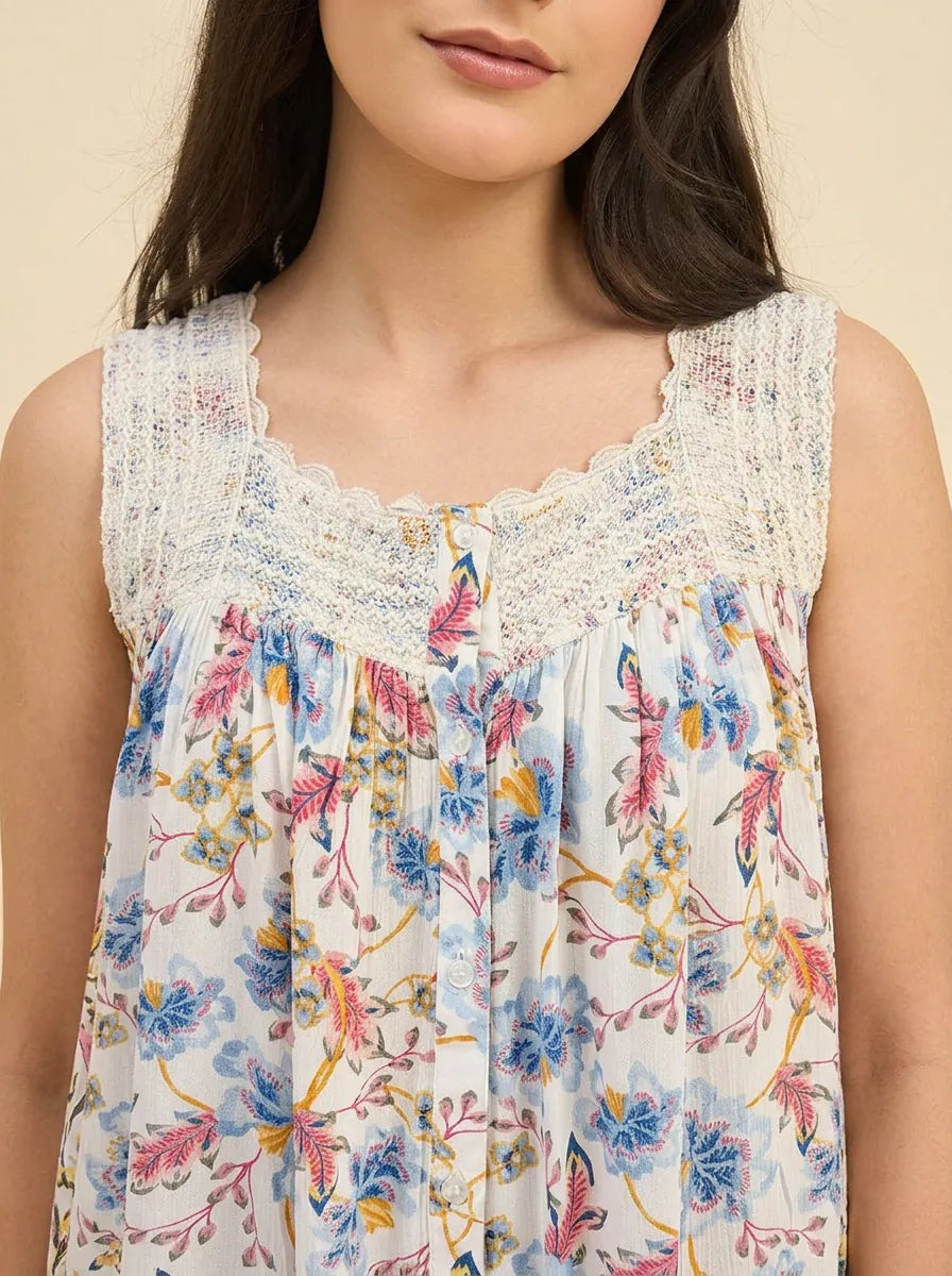 The Kaftan Company Nightdress Ivory Floral Viscose Nightdress with Lace Yoke and Button Placket
