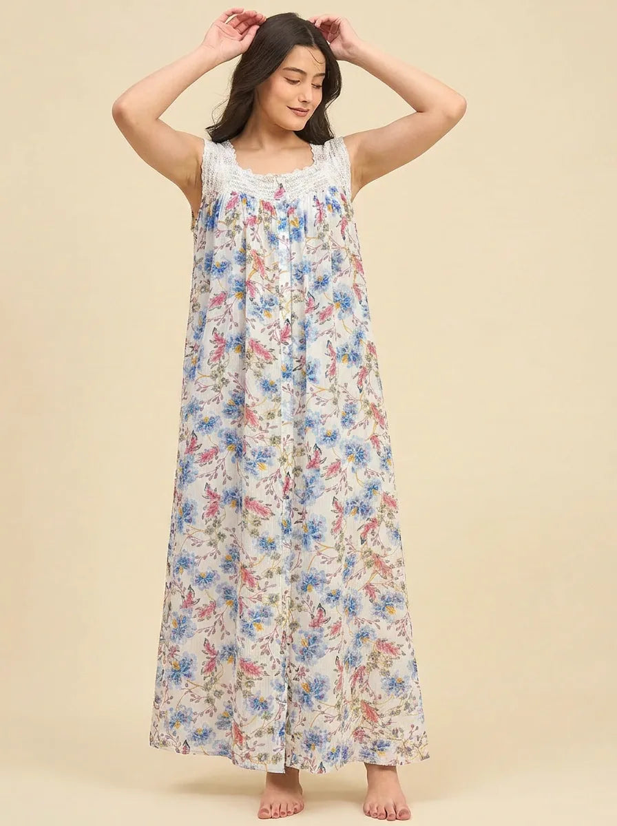 The Kaftan Company Nightdress Ivory Floral Viscose Nightdress with Lace Yoke and Button Placket