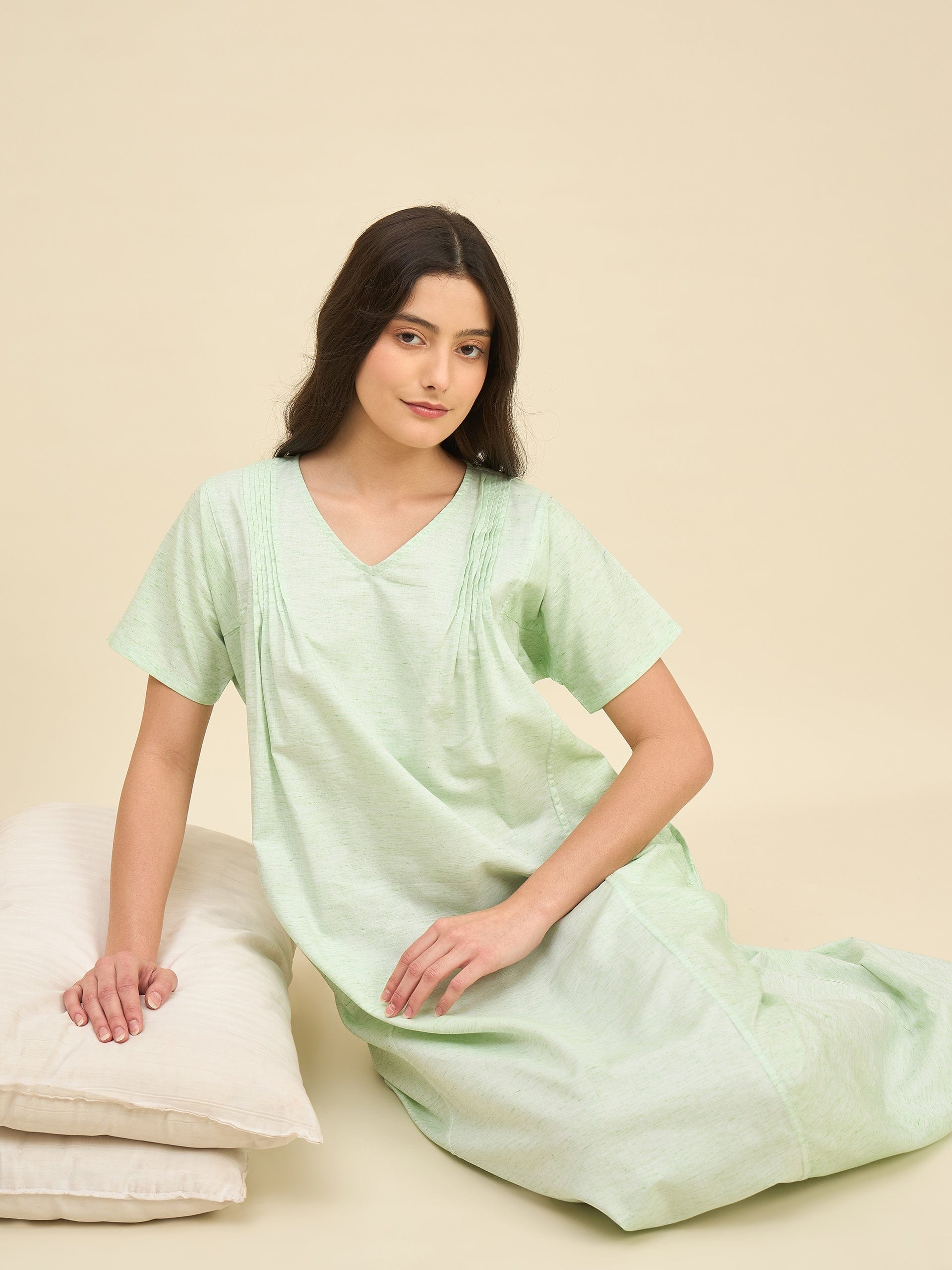 The Kaftan Company Nightdress Light Green Cotton Viscose Blend Nightdress – Soft Pleated Yoke & Side Pockets