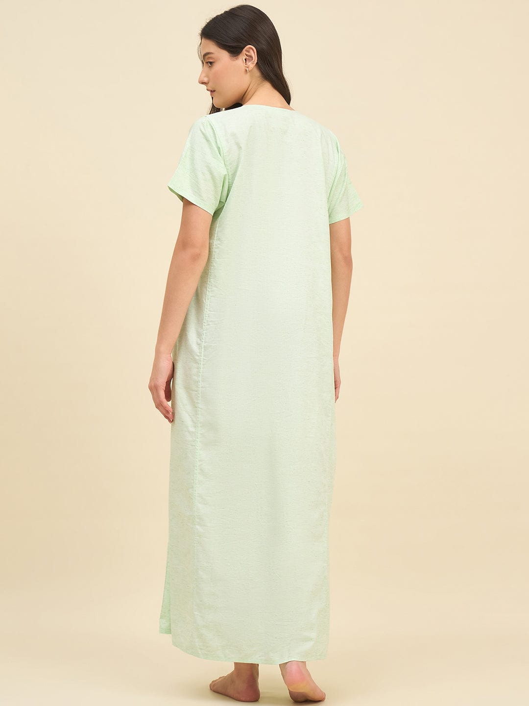 The Kaftan Company Nightdress Light Green Cotton Viscose Blend Nightdress – Soft Pleated Yoke & Side Pockets