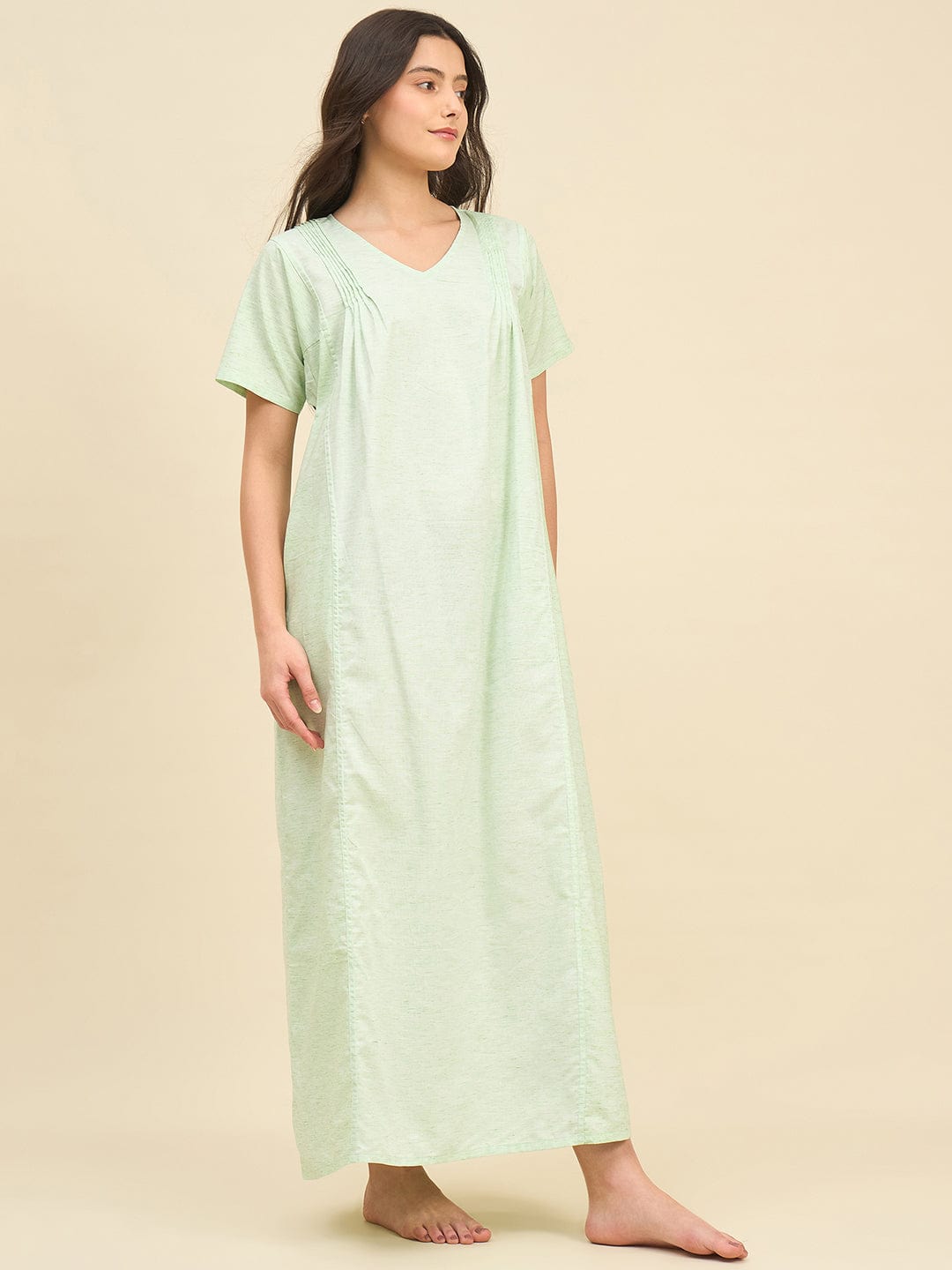 The Kaftan Company Nightdress Light Green Cotton Viscose Blend Nightdress – Soft Pleated Yoke & Side Pockets