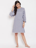 The Kaftan Company Nightdress Light Pink and Blue Cotton Checks Short Nightdress