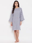 The Kaftan Company Nightdress Light Pink and Blue Cotton Checks Short Nightdress