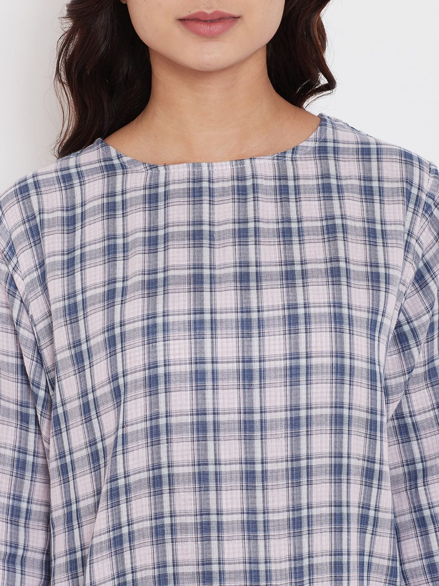 The Kaftan Company Nightdress Light Pink and Blue Cotton Checks Short Nightdress