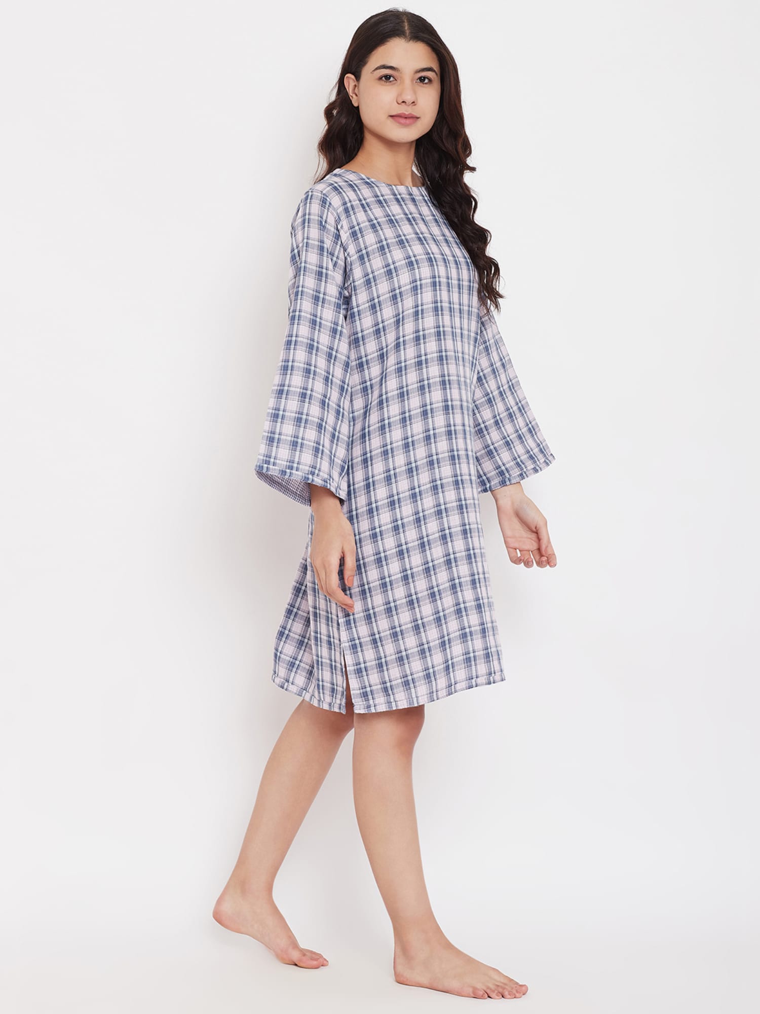 The Kaftan Company Nightdress Light Pink and Blue Cotton Checks Short Nightdress