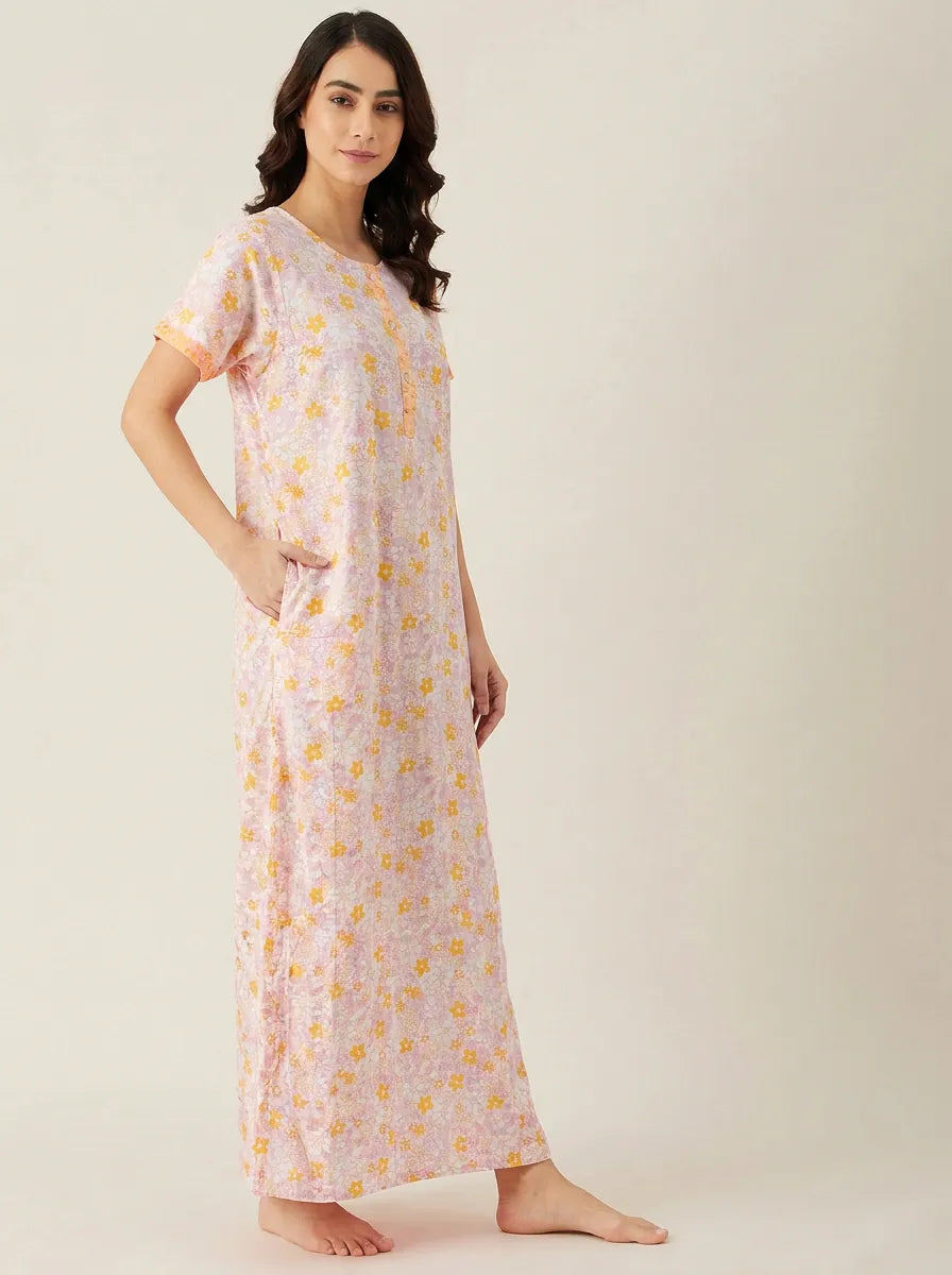The Kaftan Company Nightdress Lilac and Yellow Floral Print Cotton Nightdress with Button Placket