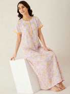 The Kaftan Company Nightdress Lilac and Yellow Floral Print Cotton Nightdress with Button Placket
