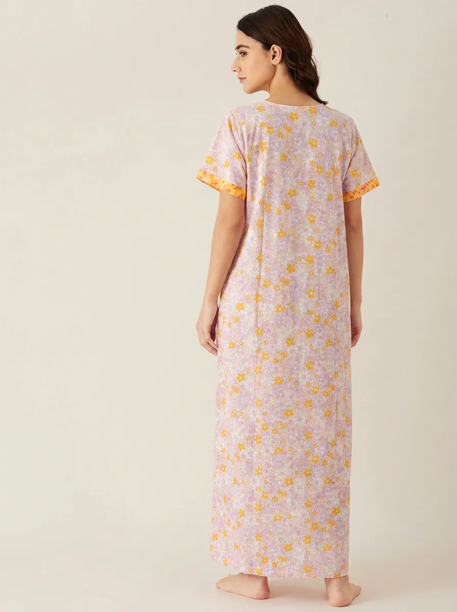 The Kaftan Company Nightdress Lilac and Yellow Floral Print Cotton Nightdress with Button Placket