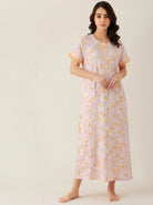 The Kaftan Company Nightdress Lilac and Yellow Floral Print Cotton Nightdress with Button Placket