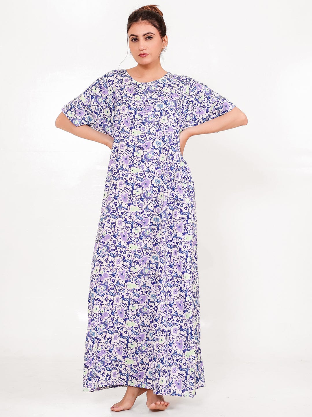 The Kaftan Company Nightdress Lilac Cotton Floral Nightdress with Pockets