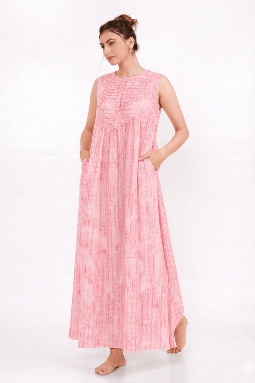 The Kaftan Company Blush Pink Linear Print Cotton Sleeveless Nightdress with Pockets