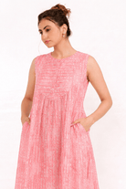 The Kaftan Company Blush Pink Linear Print Cotton Sleeveless Nightdress with Pockets