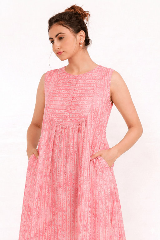 The Kaftan Company Blush Pink Linear Print Cotton Sleeveless Nightdress with Pockets