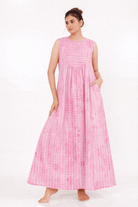 The Kaftan Company Blush Pink Linear Print Cotton Sleeveless Nightdress with Pockets