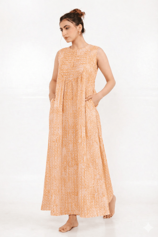 The Kaftan Company Peach Linear Print Cotton Sleeveless Nightdress with Pockets