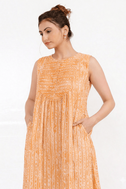 The Kaftan Company Peach Linear Print Cotton Sleeveless Nightdress with Pockets