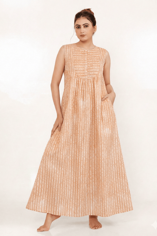 The Kaftan Company Peach Linear Print Cotton Sleeveless Nightdress with Pockets