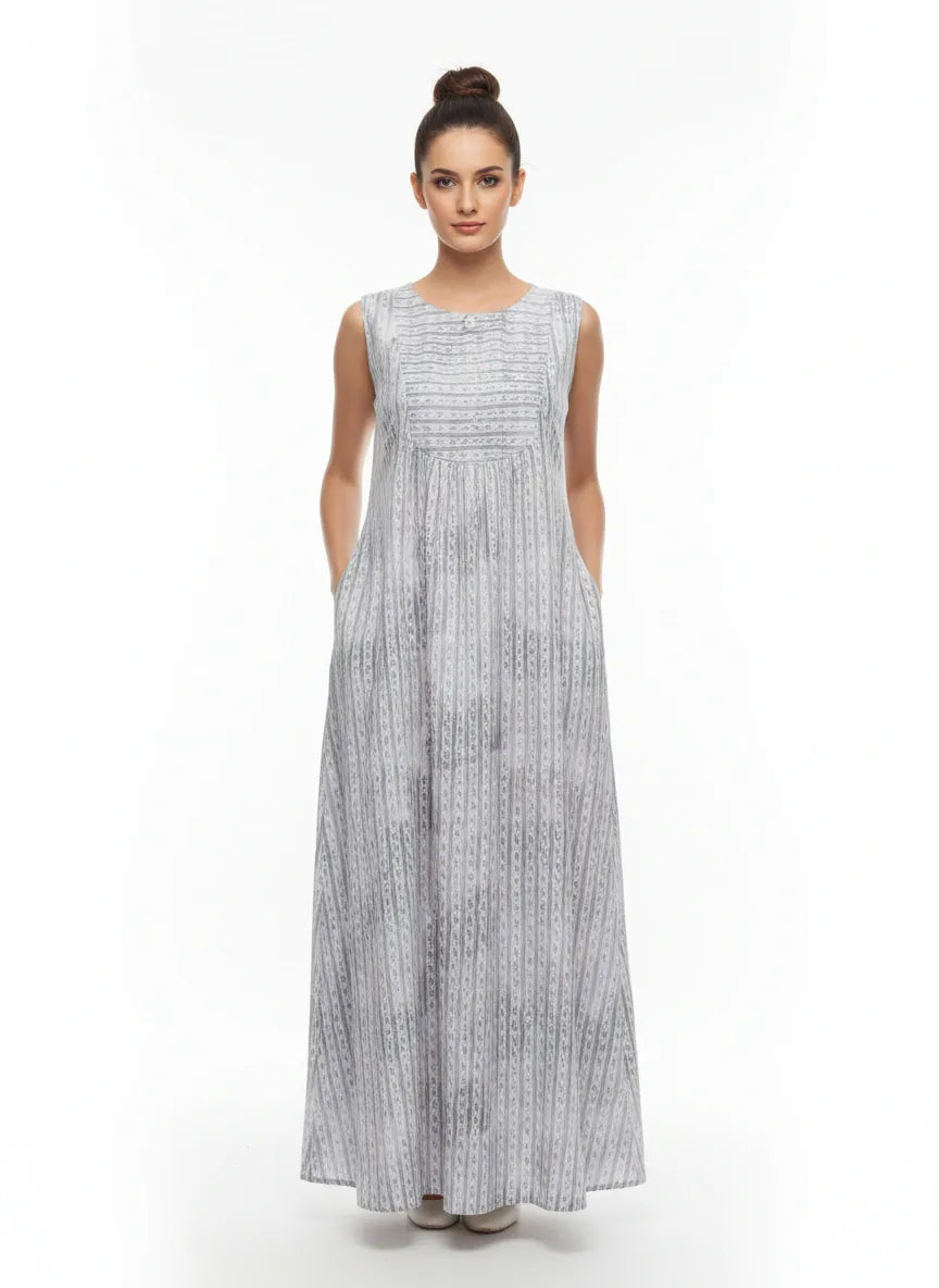 The Kaftan Company Nightdress Linear Print Cotton Sleeveless Nightdress with Pockets