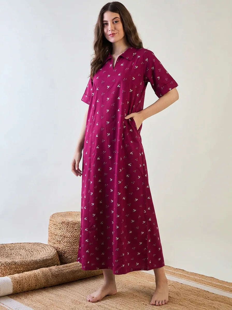 The Kaftan Company Nightdress Magenta Floral Cotton Collared Nightdress with Pockets
