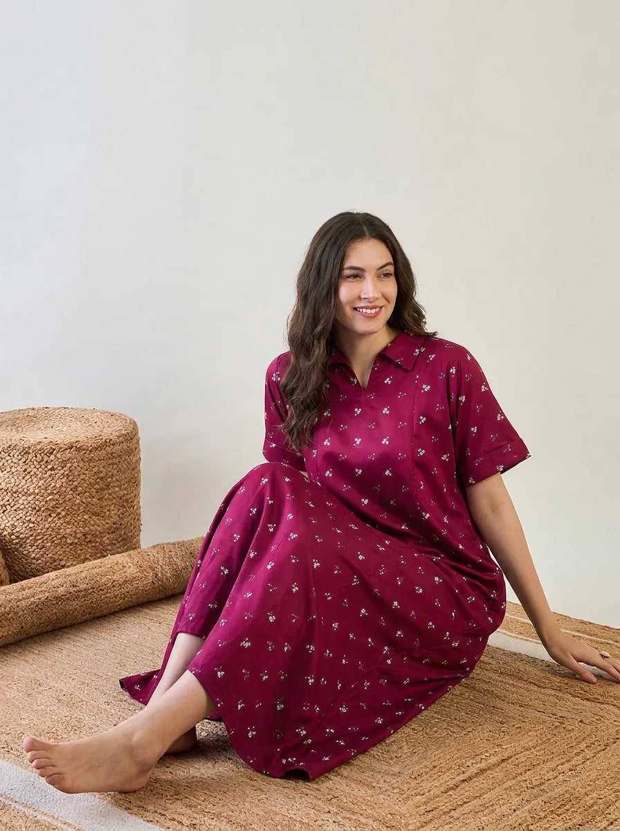 The Kaftan Company Nightdress Magenta Floral Cotton Collared Nightdress with Pockets