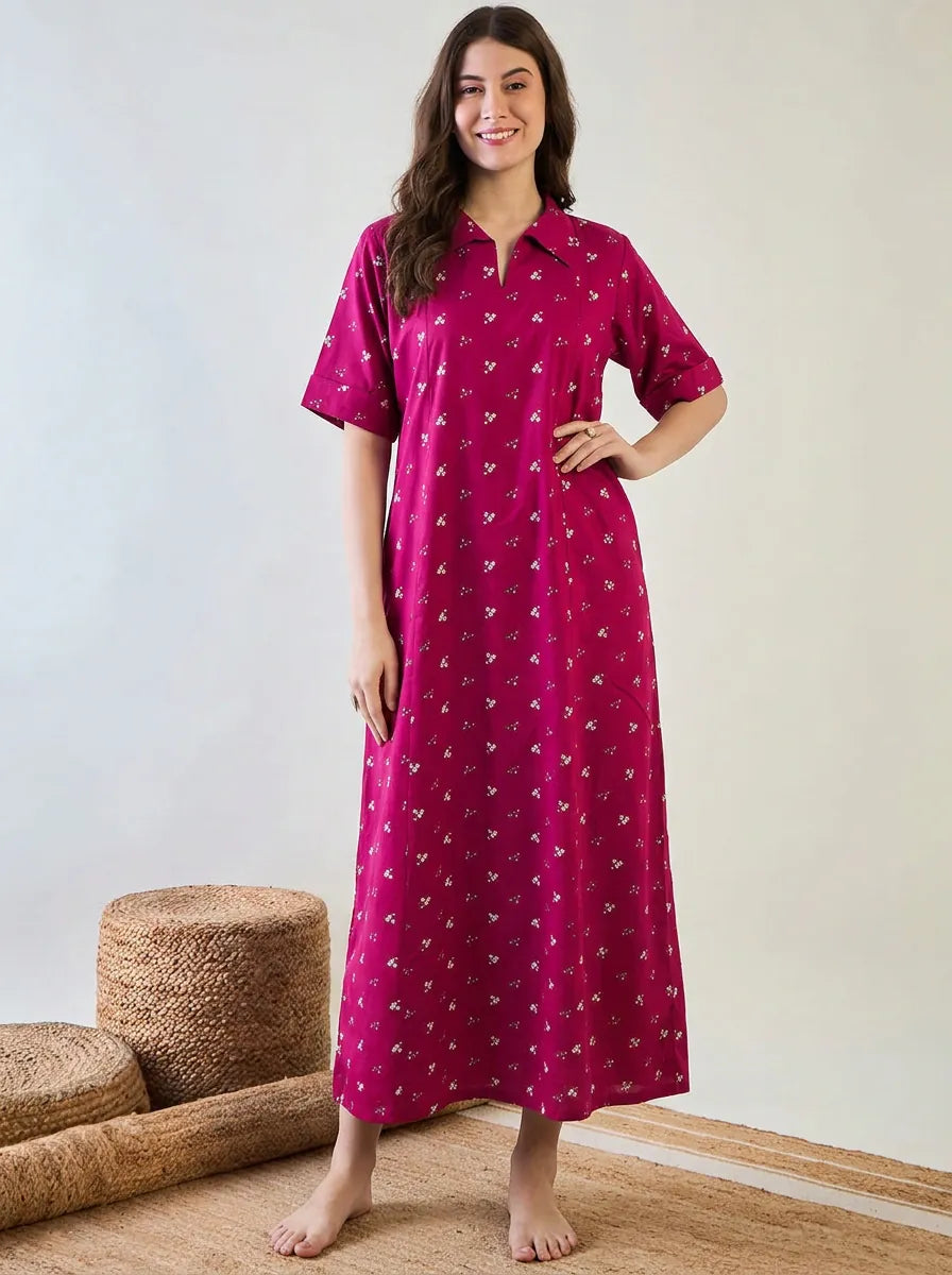 The Kaftan Company Nightdress Magenta Floral Cotton Collared Nightdress with Pockets