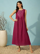 The Kaftan Company Nightdress Magenta Sleeveless Cotton Nightdress with Ikat Print Yoke
