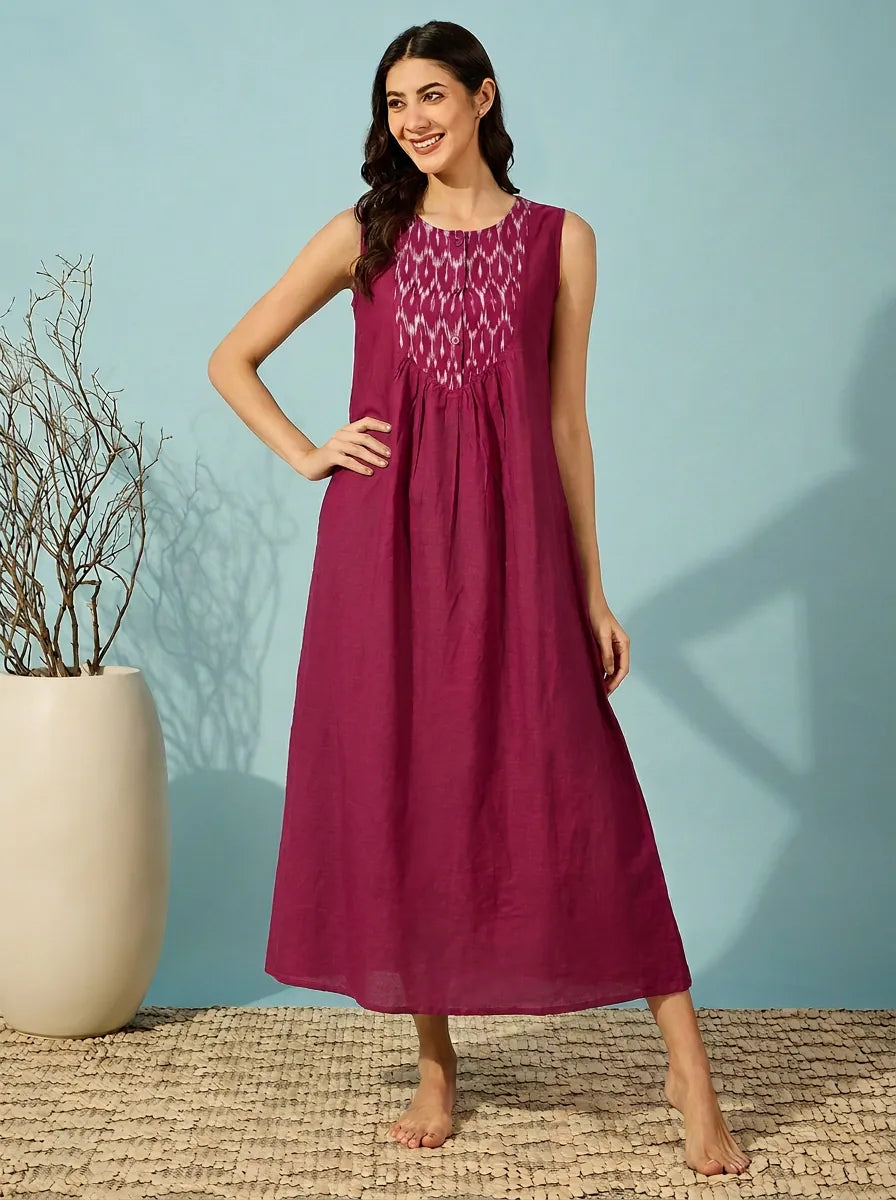 The Kaftan Company Nightdress Magenta Sleeveless Cotton Nightdress with Ikat Print Yoke