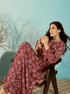 The Kaftan Company Nightdress Maroon Floral Print Viscose Nightdress with Ruffle Yoke and Frill Hem