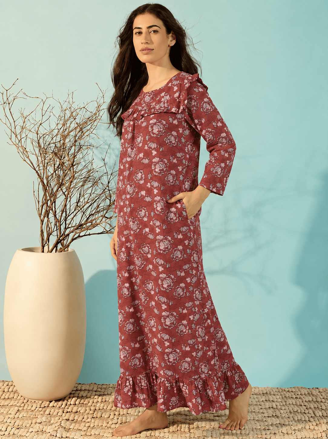 The Kaftan Company Nightdress Maroon Floral Print Viscose Nightdress with Ruffle Yoke and Frill Hem
