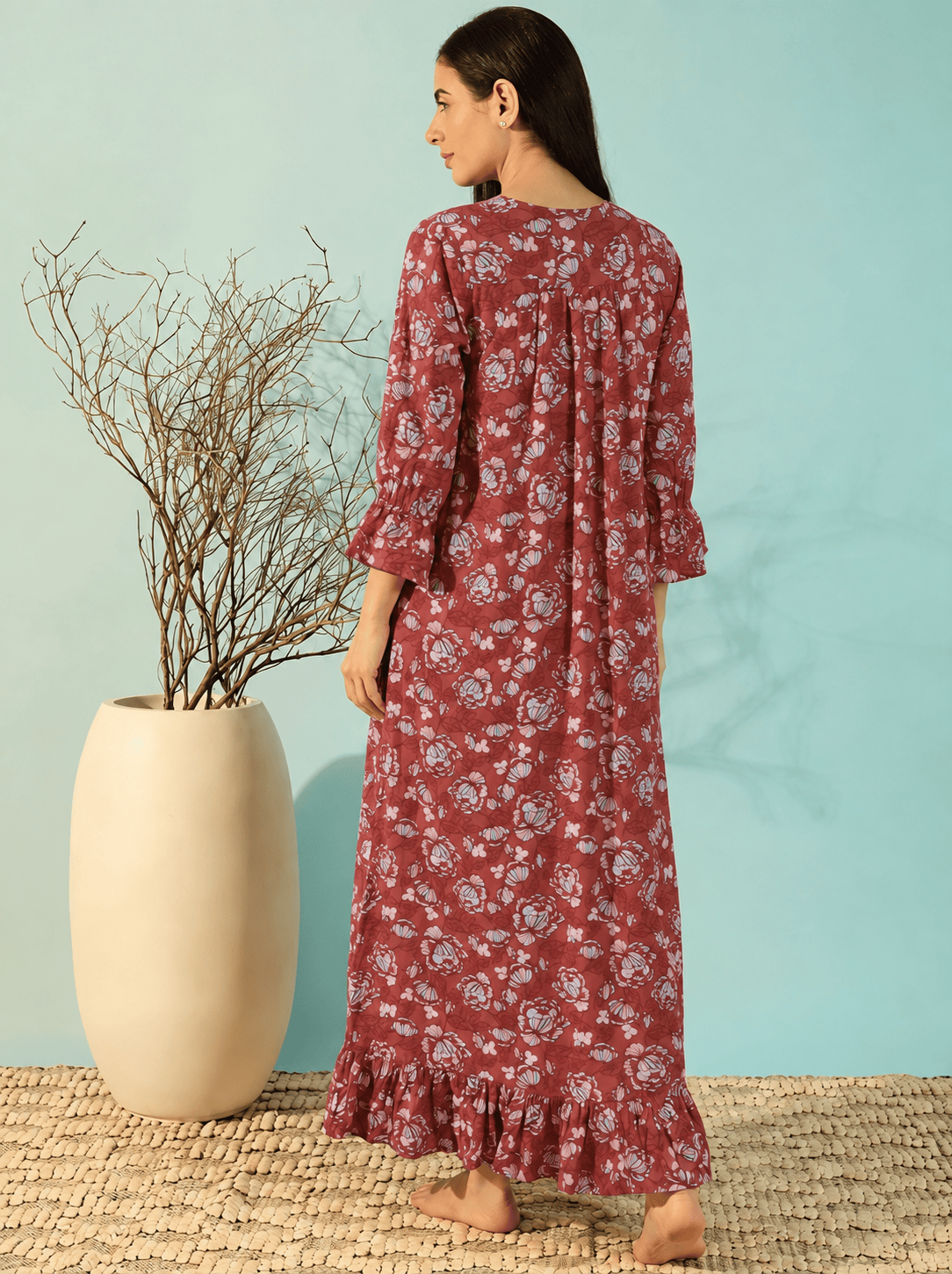The Kaftan Company Nightdress Maroon Floral Print Viscose Nightdress with Ruffle Yoke and Frill Hem
