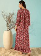 The Kaftan Company Nightdress Maroon Floral Print Viscose Nightdress with Ruffle Yoke and Frill Hem