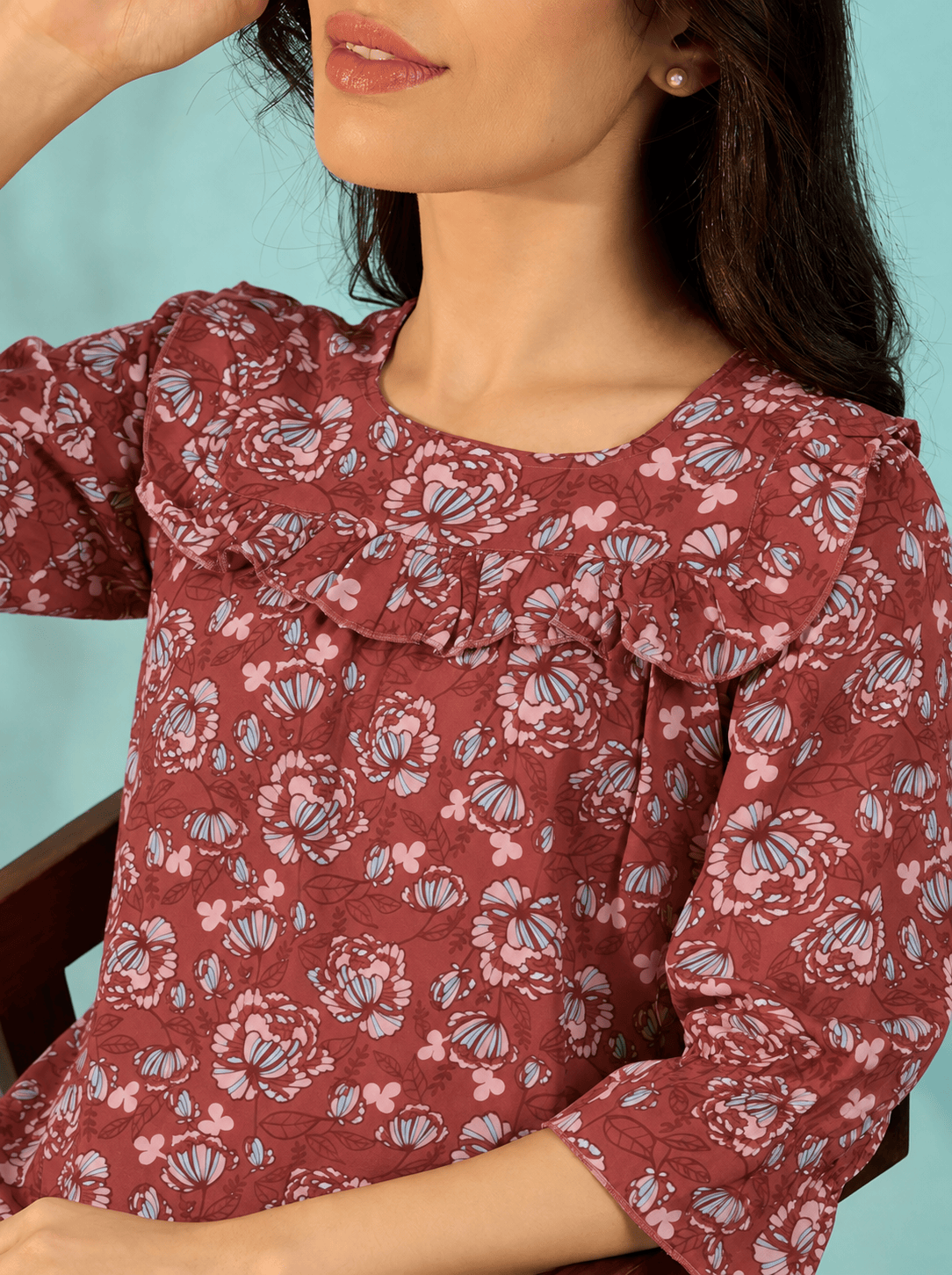 The Kaftan Company Nightdress Maroon Floral Print Viscose Nightdress with Ruffle Yoke and Frill Hem