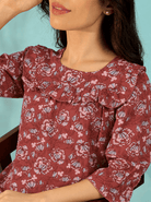 The Kaftan Company Nightdress Maroon Floral Print Viscose Nightdress with Ruffle Yoke and Frill Hem