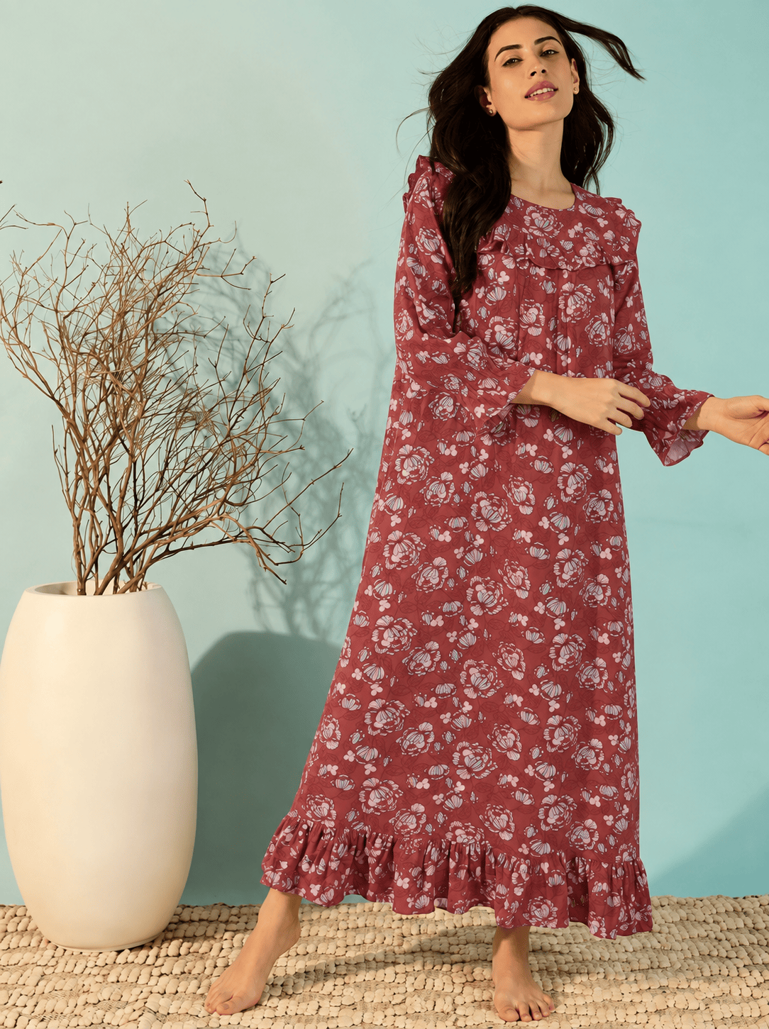 The Kaftan Company Nightdress Maroon Floral Print Viscose Nightdress with Ruffle Yoke and Frill Hem