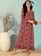 The Kaftan Company Nightdress Maroon Floral Print Viscose Nightdress with Ruffle Yoke and Frill Hem