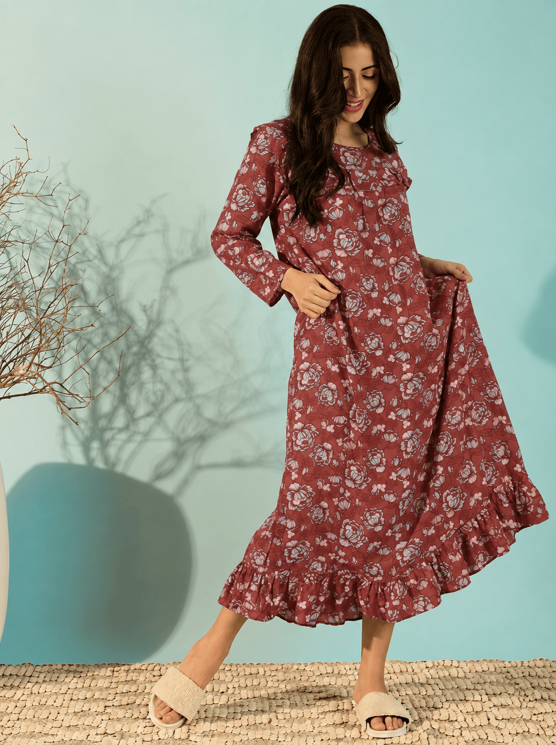The Kaftan Company Nightdress Maroon Floral Print Viscose Nightdress with Ruffle Yoke and Frill Hem