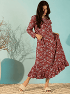 The Kaftan Company Nightdress Maroon Floral Print Viscose Nightdress with Ruffle Yoke and Frill Hem